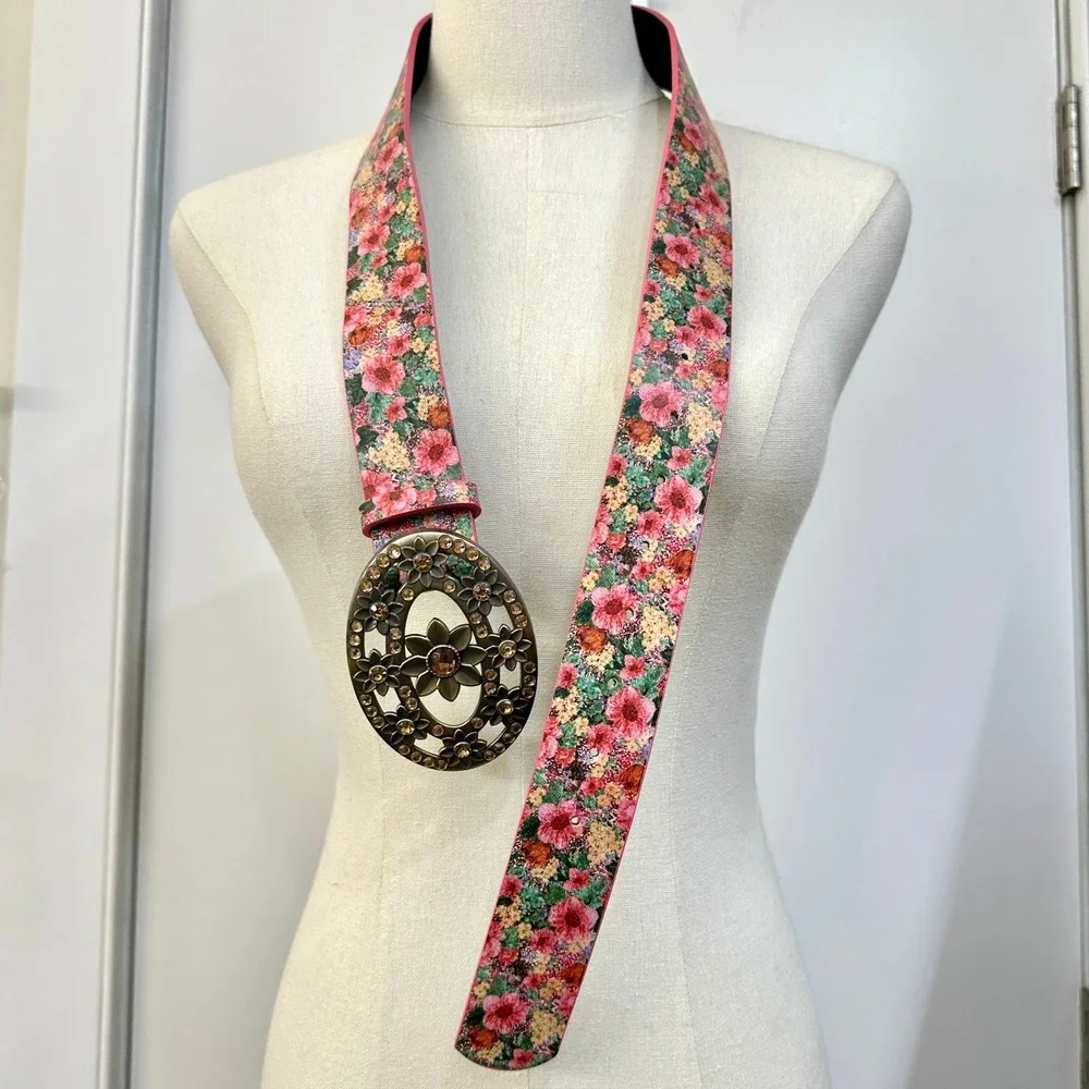 Vintage Style Floral Belt S Metallic Accent Jeweled Buckle Romantic Cottage Boho